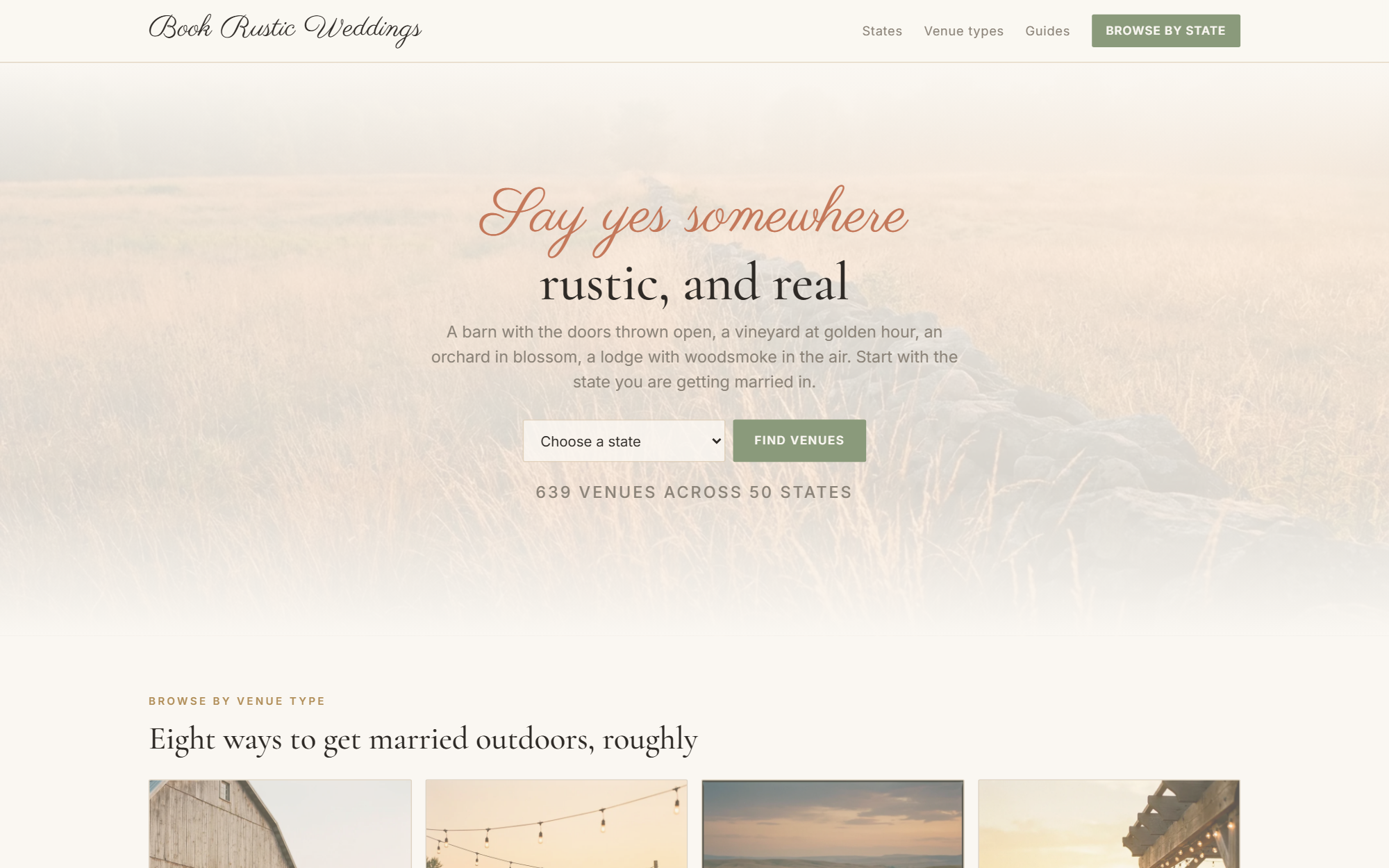Book Rustic Weddings, Home Page screen