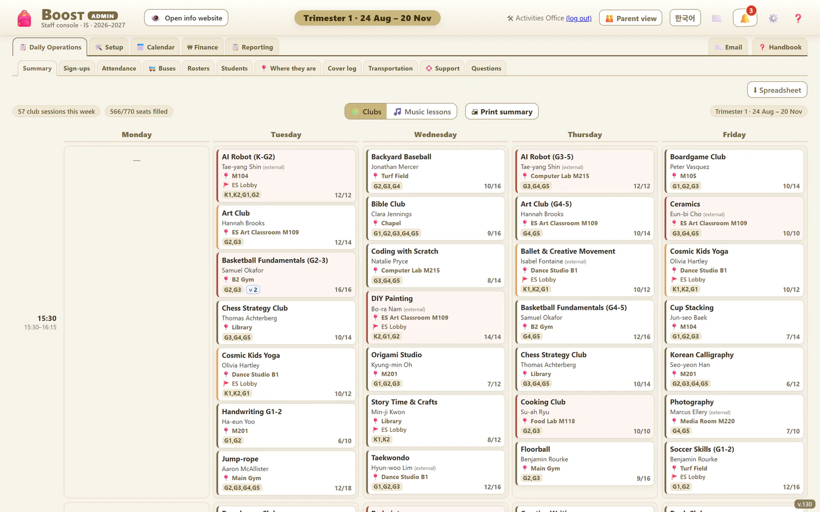 Boost After-School Activities, Daily Operations screen