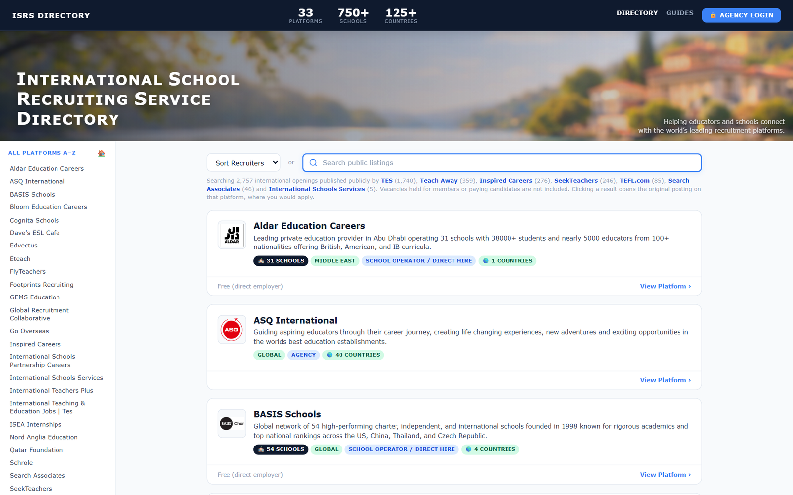 International School Recruiting Service Directory screen