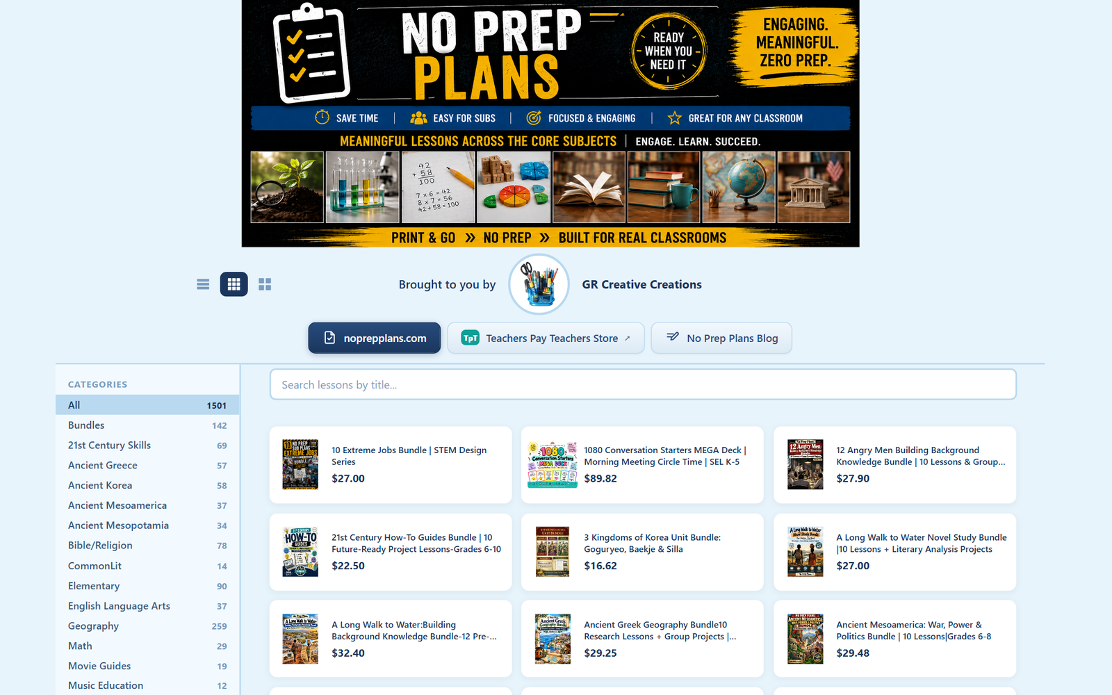 No Prep Plans screen